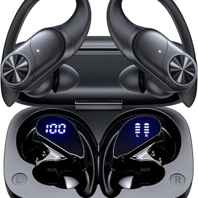 PocBuds Bluetooth Headphones Wireless Earbuds 80hrs Playtime Wireless Charging Case Digital Display Sports Ear Buds with Earhook Deep Bass IPX7 Waterproof Over-Ear Earphones for TV Phone Laptop Black