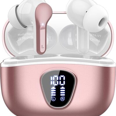 Wireless Earbuds, Bluetooth 5.4 Headphones HiFi Stereo, Bluetooth Earbuds with ENC Noise Cancelling Mic, IP7 Waterproof in Ear Earphones, 48H, LED Display Ear buds for Pad Workout Sports, Rose Gold