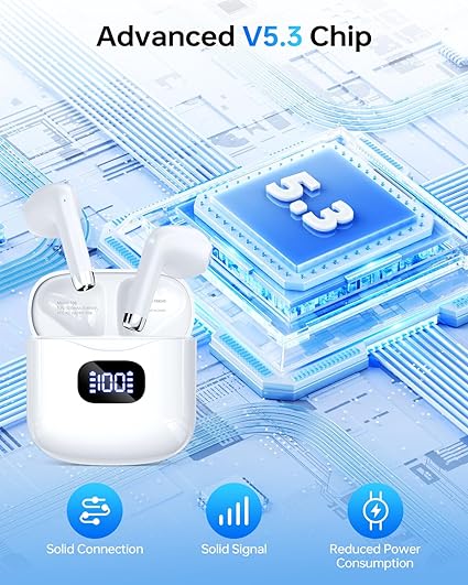 Wireless Earbuds Bluetooth 5.3 Headphones, 40Hrs Playback Stereo Ear Buds with LED Display Charging Case IPX7 Waterproof in-Ear Earphones with Mic for Phone Tablet Laptop Sports, White - Image 3