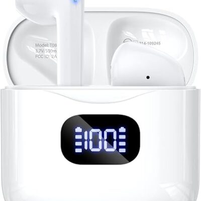 Wireless Earbuds Bluetooth 5.3 Headphones, 40Hrs Playback Stereo Ear Buds with LED Display Charging Case IPX7 Waterproof in-Ear Earphones with Mic for Phone Tablet Laptop Sports, White